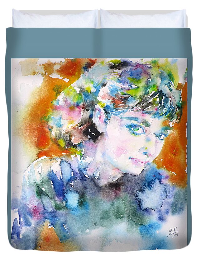 Audrey Hepburn Duvet Cover featuring the painting AUDREY HEPBURN watercolor portrait.11 by Fabrizio Cassetta