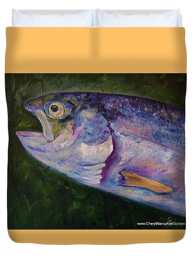 Aurons Rainbow Trout Duvet Cover featuring the painting Aurons Rainbow Trout by Cheryl Nancy Ann Gordon