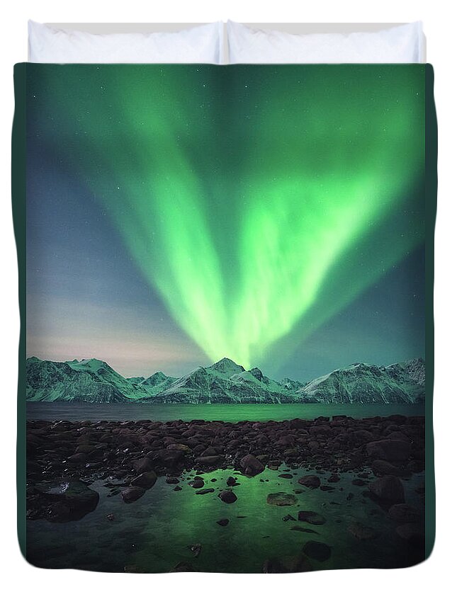  Duvet Cover featuring the photograph Aurora Rocks by Tor-Ivar Naess