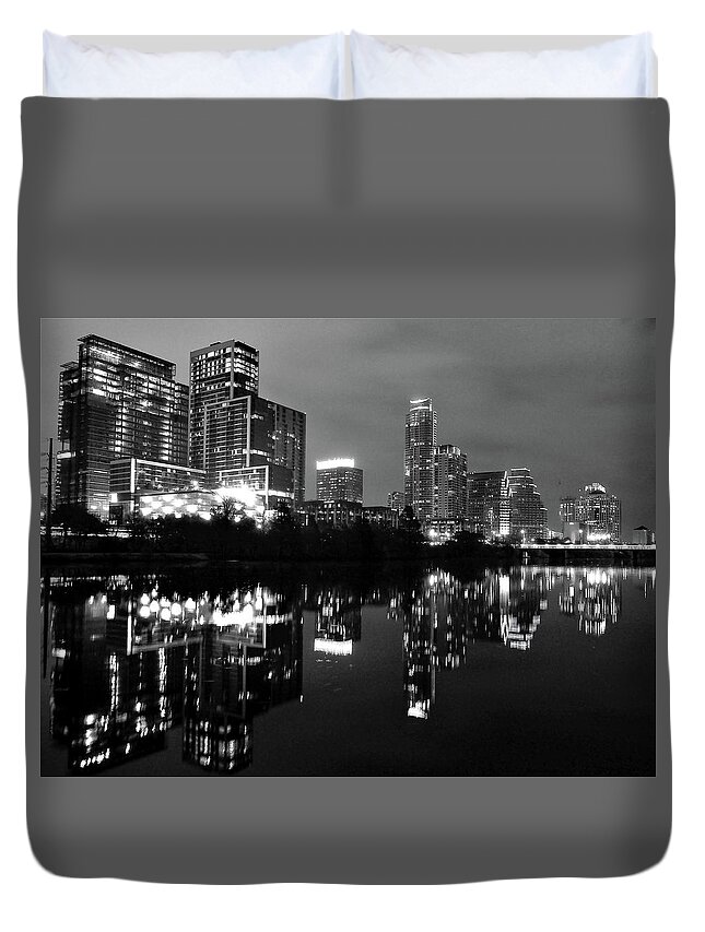 Black And White Duvet Cover featuring the photograph Austin City Lights by Jerry Connally