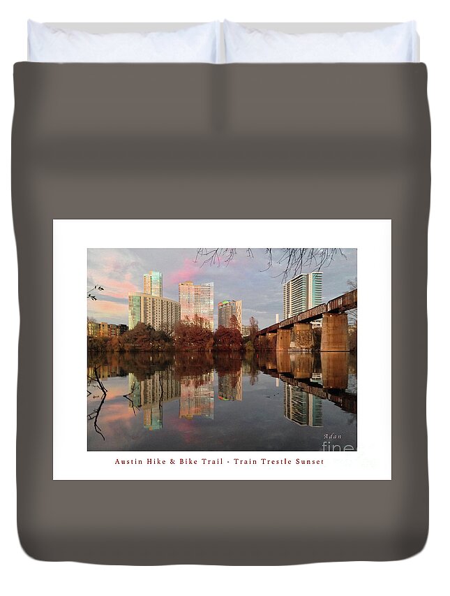 Triptych Duvet Cover featuring the photograph Austin Hike and Bike Trail - Train Trestle 1 Sunset Left Greeting Card Poster - Over Lady Bird Lake by Felipe Adan Lerma