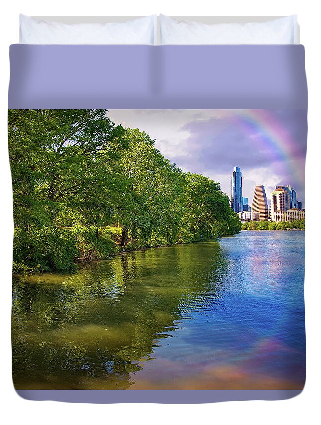 Rainbow Duvet Cover featuring the photograph Austin Rainbow Reflections by Lynn Bauer