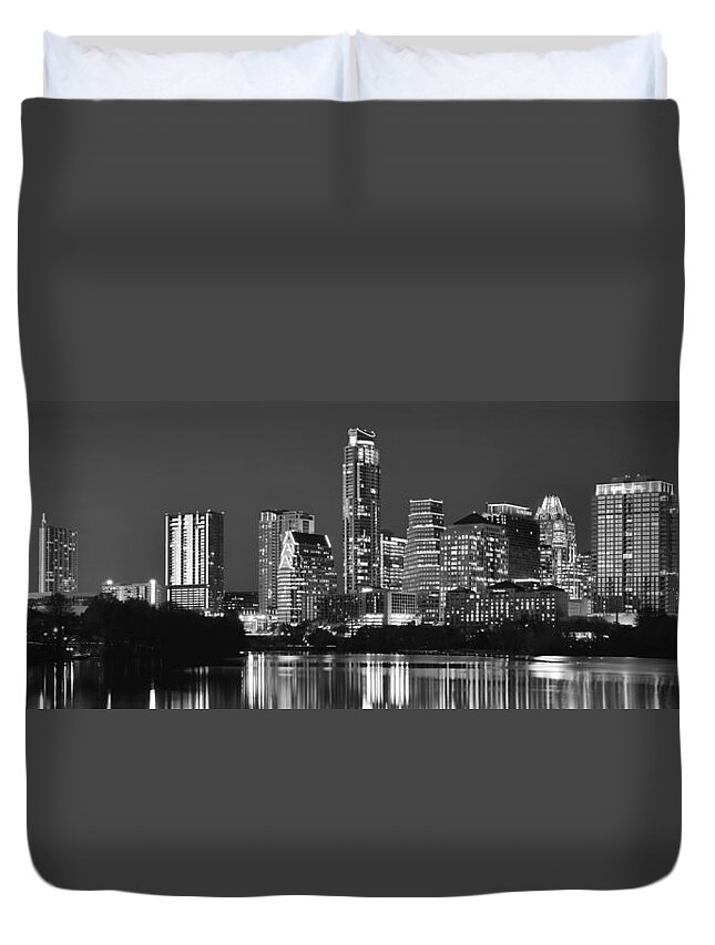 Austin Skyline Duvet Cover featuring the photograph Austin Skyline at Night Black and White BW Panorama Texas by Jon Holiday