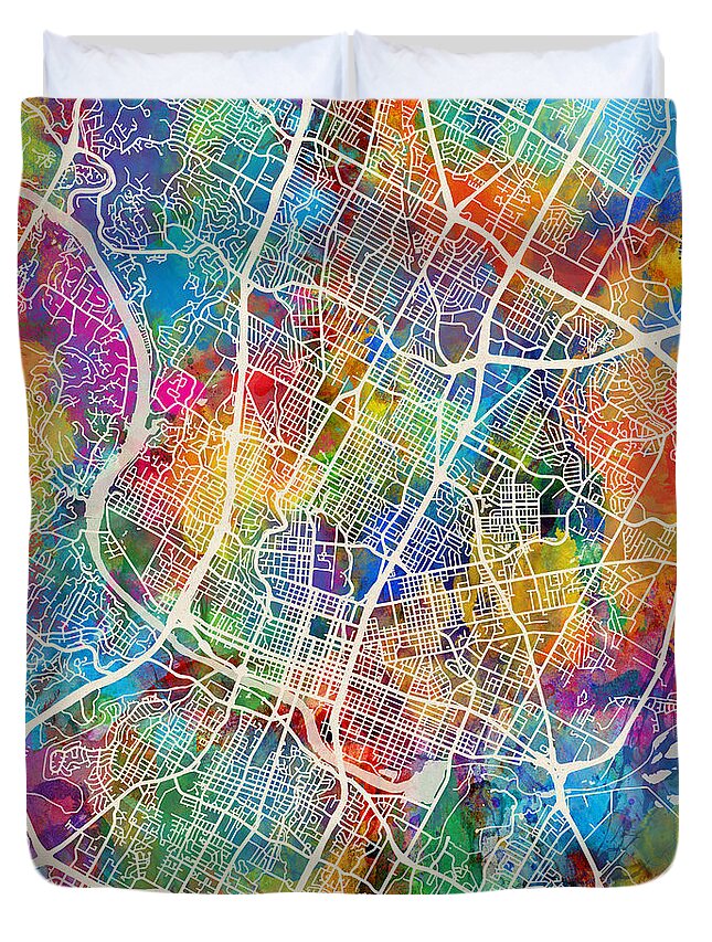 Austin Duvet Cover featuring the digital art Austin Texas City Map by Michael Tompsett