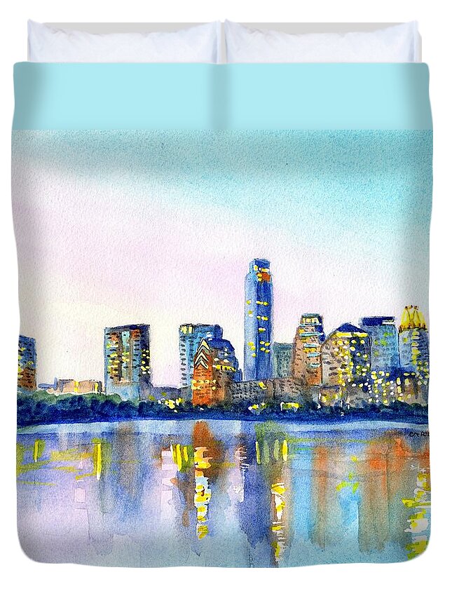 Austin Duvet Cover featuring the painting Austin Texas Skyline by Carlin Blahnik CarlinArtWatercolor