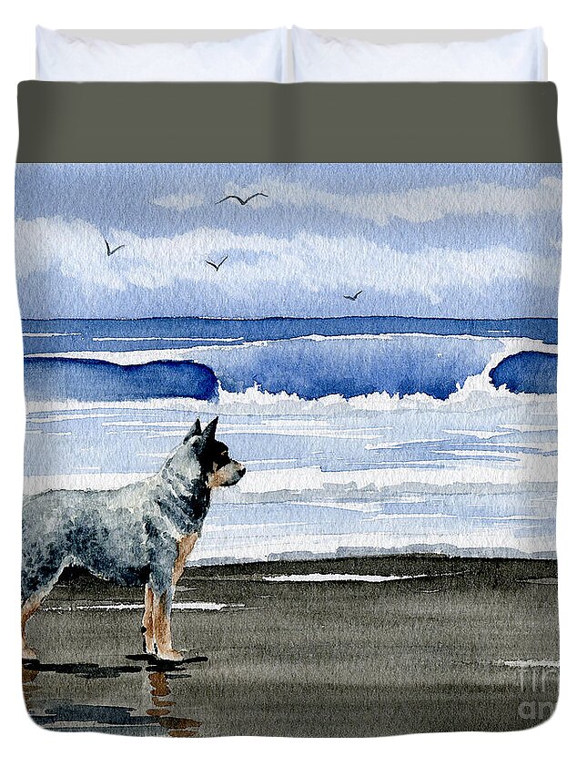 Australian Cattle Dog Duvet Cover featuring the painting Australian Cattle Dog At The Beach by David Rogers