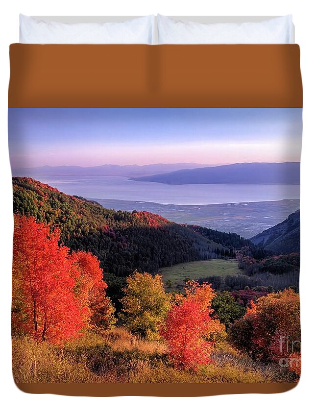 American Fork Canyon Duvet Cover featuring the photograph Autumn Above Utah Lake by Roxie Crouch