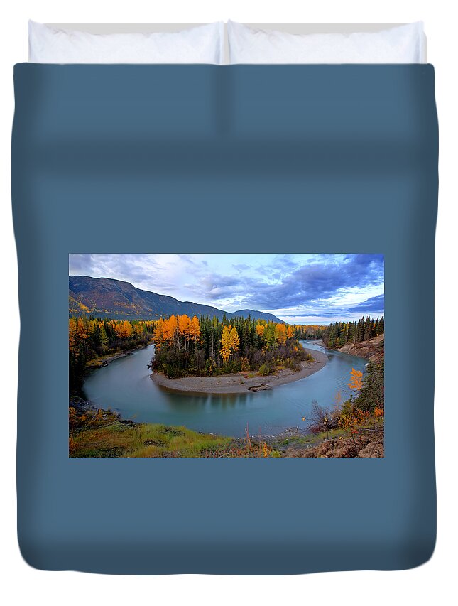 River Duvet Cover featuring the digital art Autumn colors along Tanzilla River in Northern British Columbia by Mark Duffy