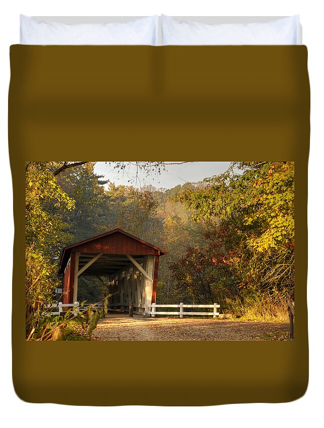 Covered Bridge Duvet Cover featuring the photograph Autumn Covered Bridge by Ann Bridges
