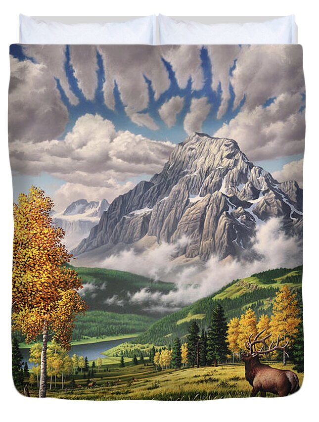 Elk Duvet Cover featuring the painting Autumn Echos by Jerry LoFaro
