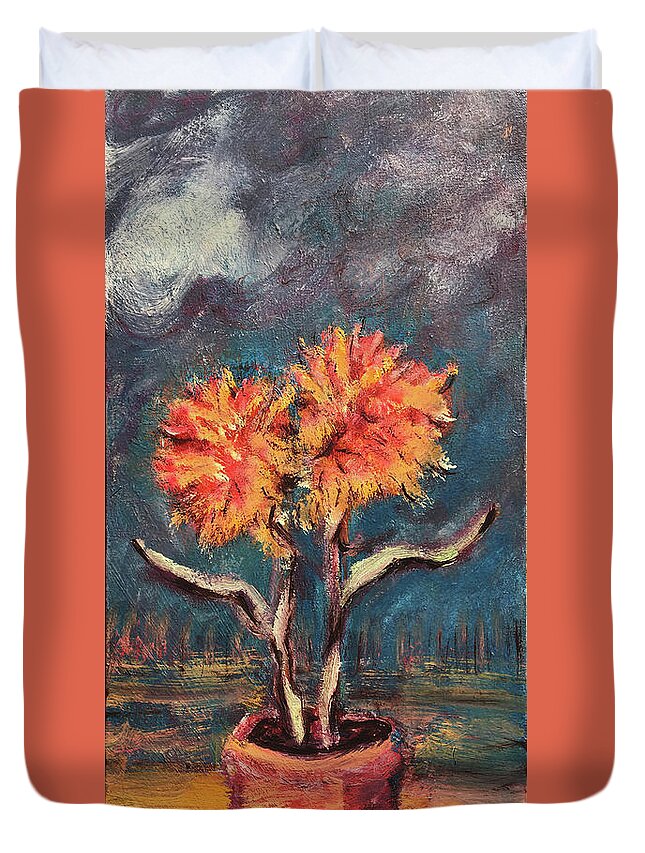 Autumn Feathered Petals Planted Vase Soft Clouds Two Flowers Original Art Oil Painting By Katt Yanda Duvet Cover featuring the painting Autumn Feathered Petals by Katt Yanda