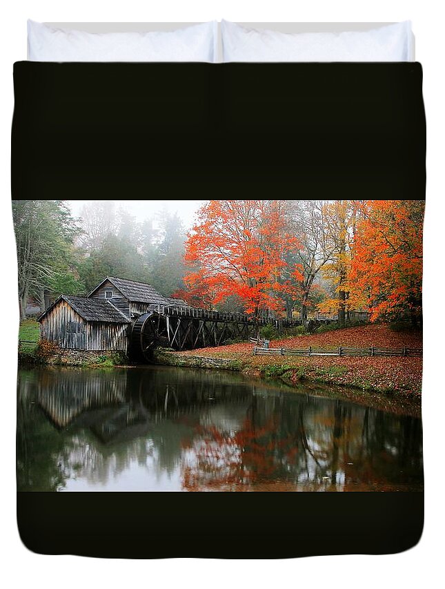Mabry Mill Duvet Cover featuring the photograph Autumn Foggy Morning At Mabry Mill Virginia by Carol Montoya