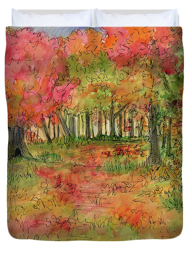 Watercolor Duvet Cover featuring the drawing Autumn Forest Watercolor Illustration by Laurie Rohner