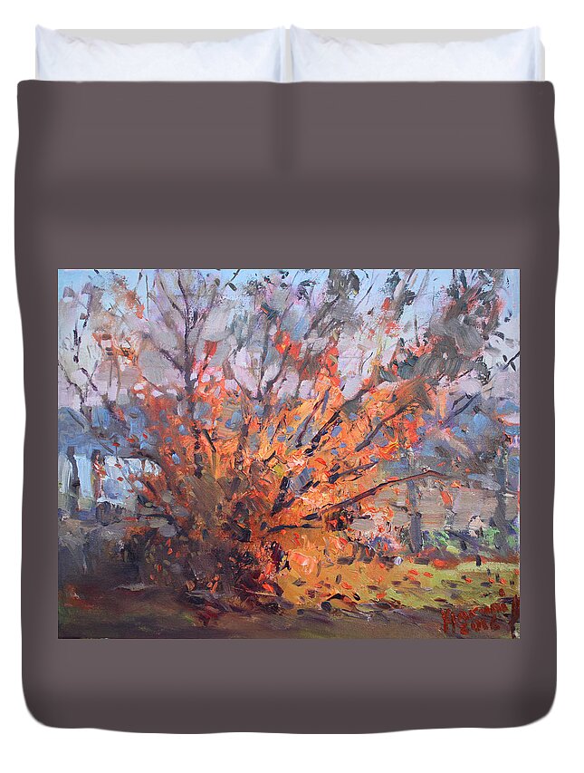 Fall Duvet Cover featuring the painting Autumn in Late Evening by Ylli Haruni