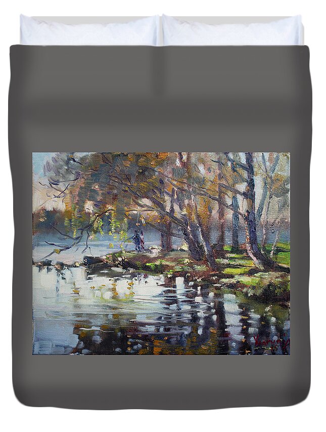 Autumn Duvet Cover featuring the painting Autumn in Marines Memorial Park by Ylli Haruni