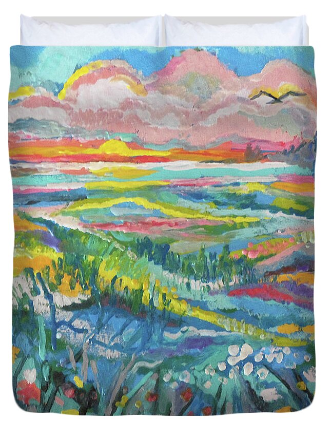 Encaustic Duvet Cover featuring the painting Autumn Lake Inlet by Jean Batzell Fitzgerald