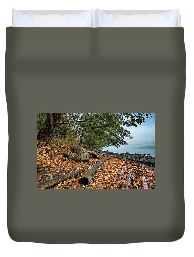 Alex Lyubar Duvet Cover featuring the photograph Autumn landscape on a wild beach by Alex Lyubar