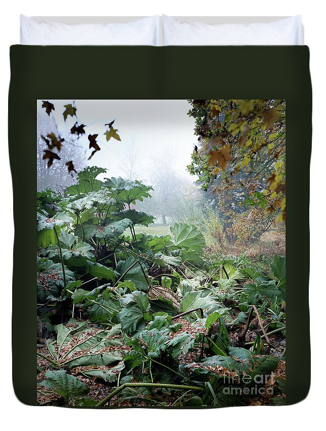 Autumn Duvet Cover featuring the photograph Autumn Mist, Great Dixter Garden by Perry Rodriguez