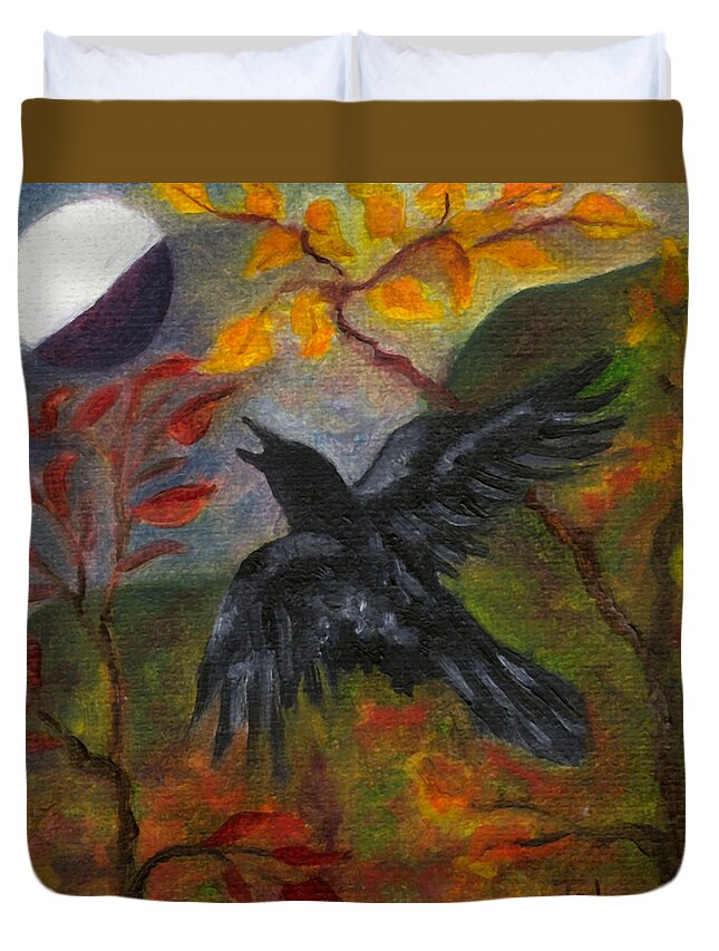 Autumn Duvet Cover featuring the painting Autumn Moon Raven by FT McKinstry