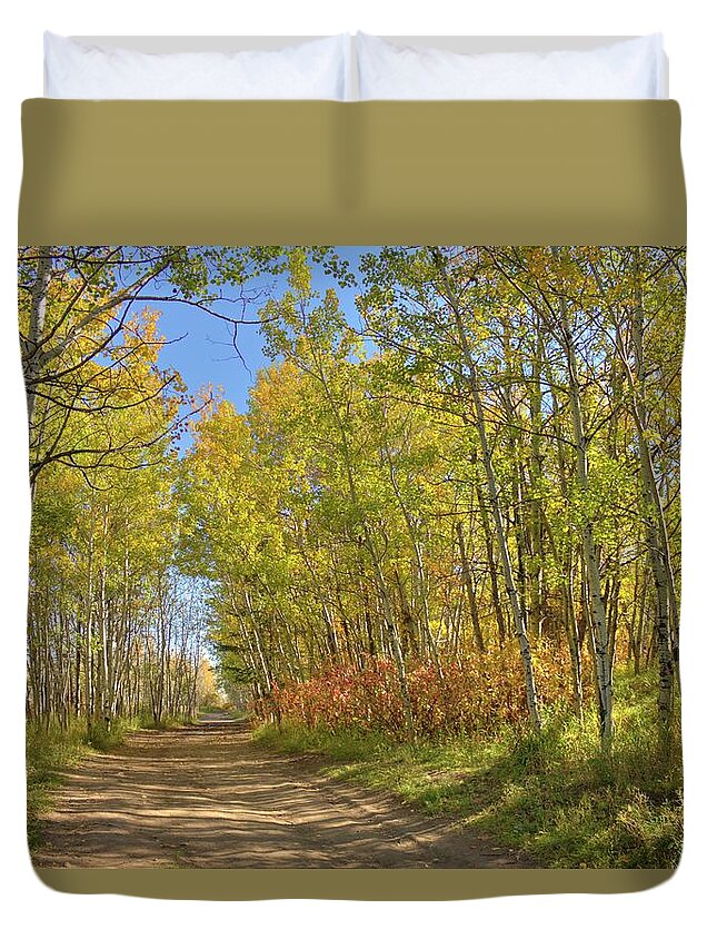Autumn Duvet Cover featuring the photograph Autumn on the trail by Jim Sauchyn
