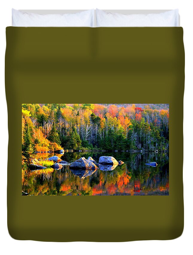 Autumn Reflections Duvet Cover featuring the photograph 'Autumn Reflections - Noyes Pond' by Suzanne DeGeorge