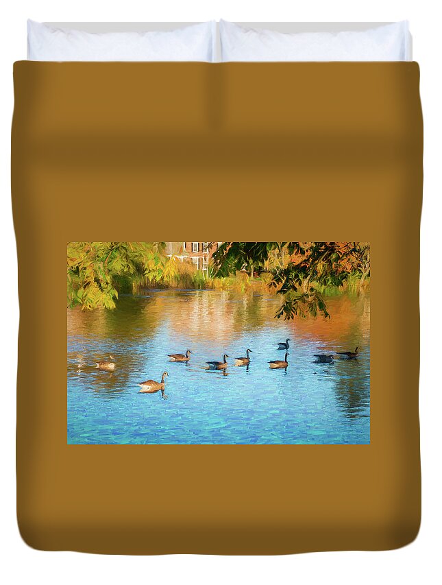 Geese Duvet Cover featuring the photograph Autumn Swim by Cathy Kovarik