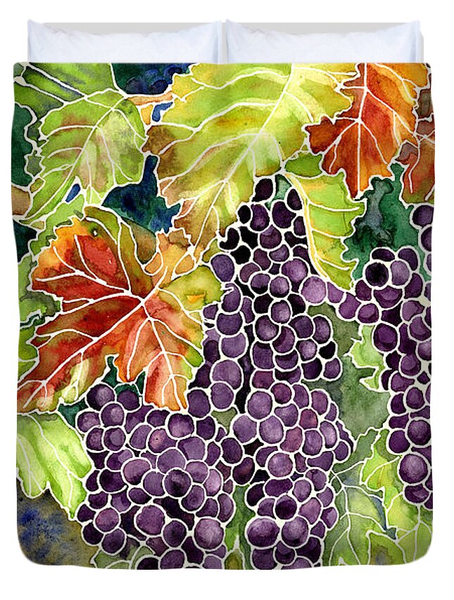 Cabernet Sauvignon Grapes Duvet Cover featuring the painting Autumn Vineyard in its Glory - Batik Style by Audrey Jeanne Roberts