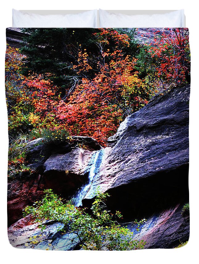 Autumn Duvet Cover featuring the photograph Autumn Waterfall in The Narrows by Alan Socolik