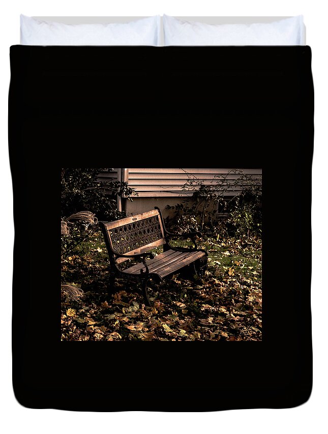 Bench Duvet Cover featuring the photograph Autumnal Solace by Leon deVose