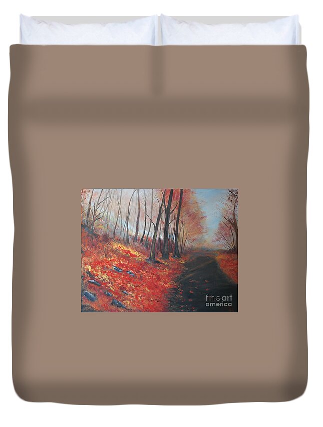Painting Duvet Cover featuring the painting Autumns Pathway by Leslie Allen