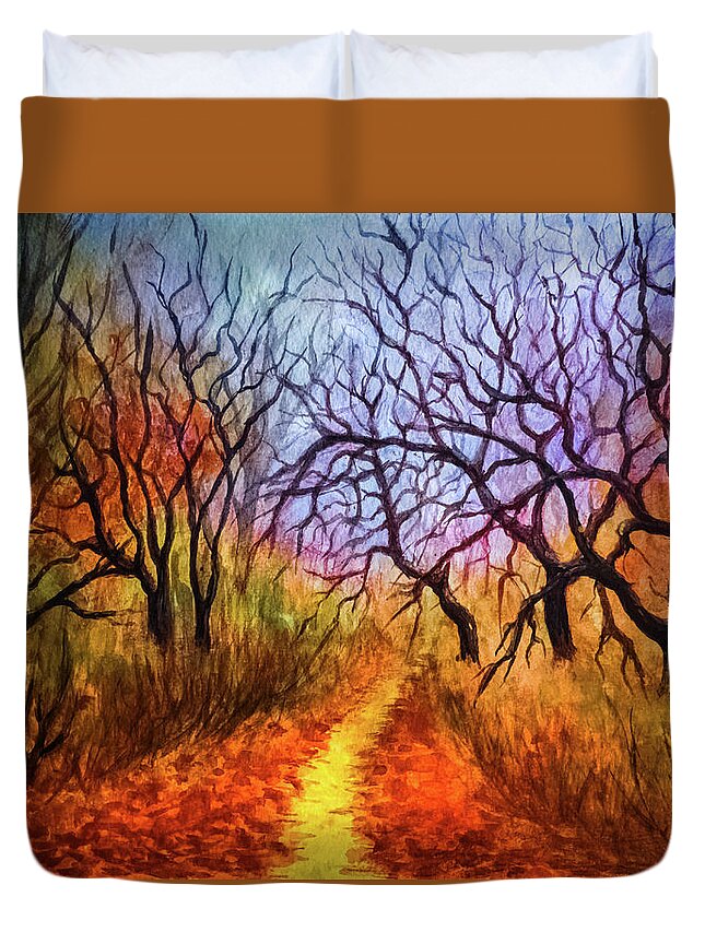 Autumn Landscape Duvet Cover featuring the painting Autumn's Secret Path by Lilia D