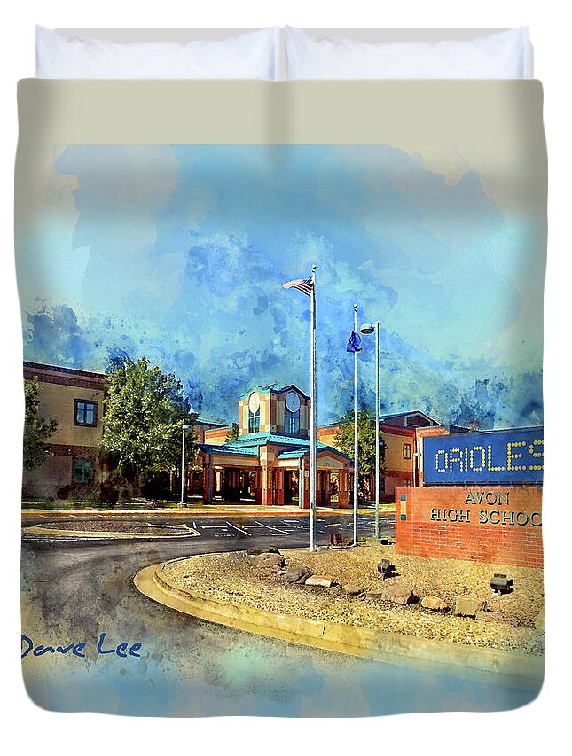 Avon High School Duvet Cover featuring the mixed media Avon, Indiana High School by Dave Lee