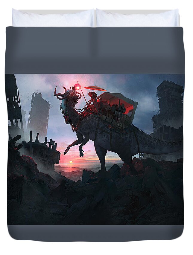Fantasy Duvet Cover featuring the painting Ayanami Sunrider by Guillem H Pongiluppi