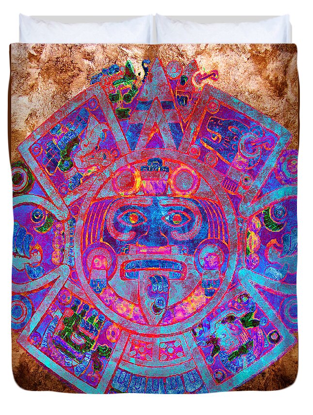 Aztec Duvet Cover featuring the digital art A Z T E C . C A L E N D A R by J U A N - O A X A C A