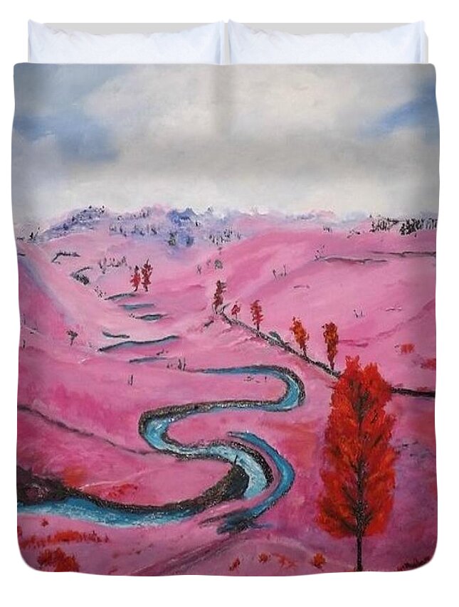 Landscape Duvet Cover featuring the painting Azure River by Denise Morgan