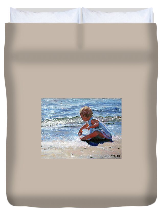 Babies Duvet Cover featuring the painting Baby and the Beach by Marie Witte