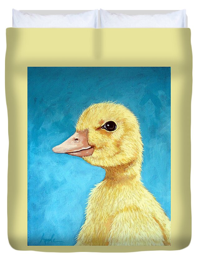 Duck Duvet Cover featuring the painting Baby Duck - spring duckling by Linda Apple