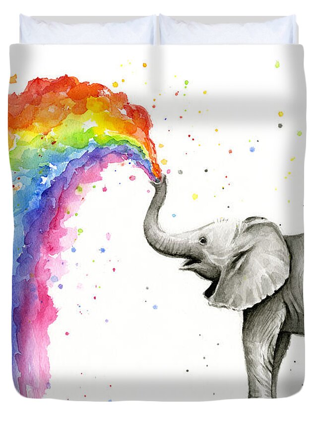 Baby Duvet Cover featuring the painting Baby Elephant Spraying Rainbow by Olga Shvartsur