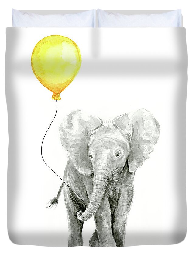Elephant Duvet Cover featuring the painting Baby Elephant Watercolor with Yellow Balloon by Olga Shvartsur