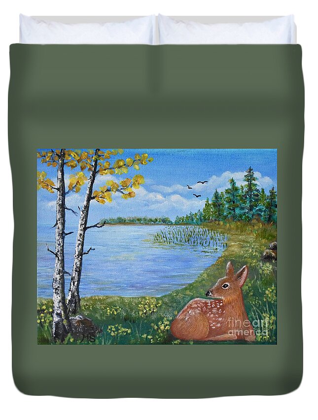 Deer Duvet Cover featuring the painting Baby Fawn in Spring by Monika Shepherdson