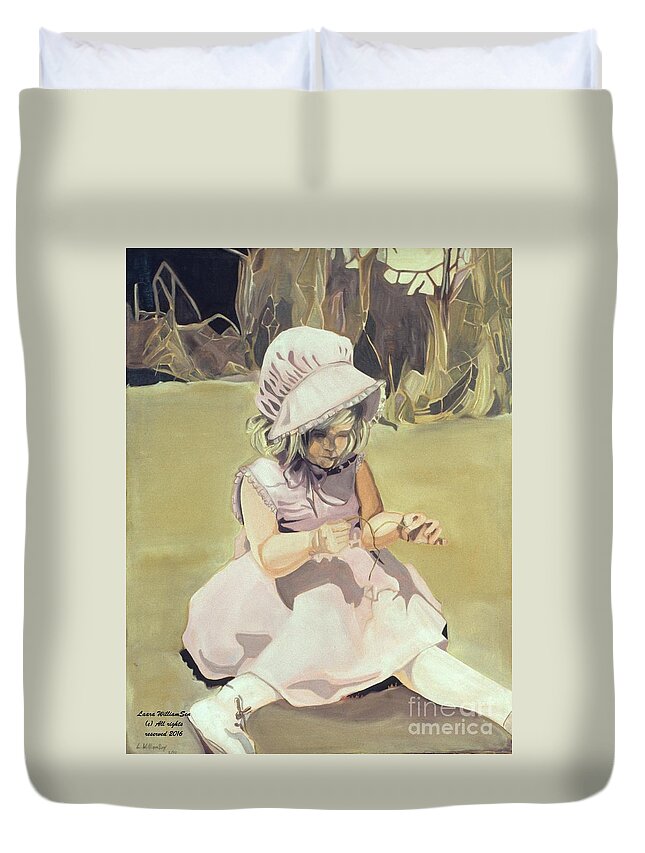 Little Girl Duvet Cover featuring the painting Baby Girl Discovering by Laara WilliamSen