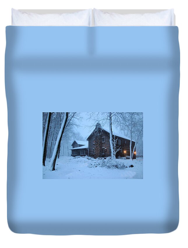 Logs Duvet Cover featuring the photograph Baby Its Cold Outside by Kristin Elmquist