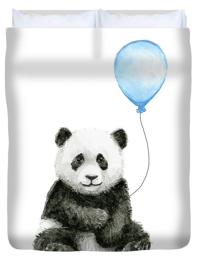 Baby Panda Duvet Cover featuring the painting Baby Panda with Blue Balloon Watercolor by Olga Shvartsur