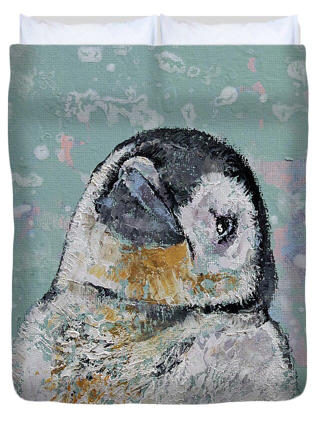 Baby Duvet Cover featuring the painting Baby Penguin Snowflakes by Michael Creese