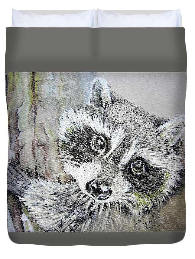 Raccoon Duvet Cover featuring the drawing Baby raccoon by Teresa Smith