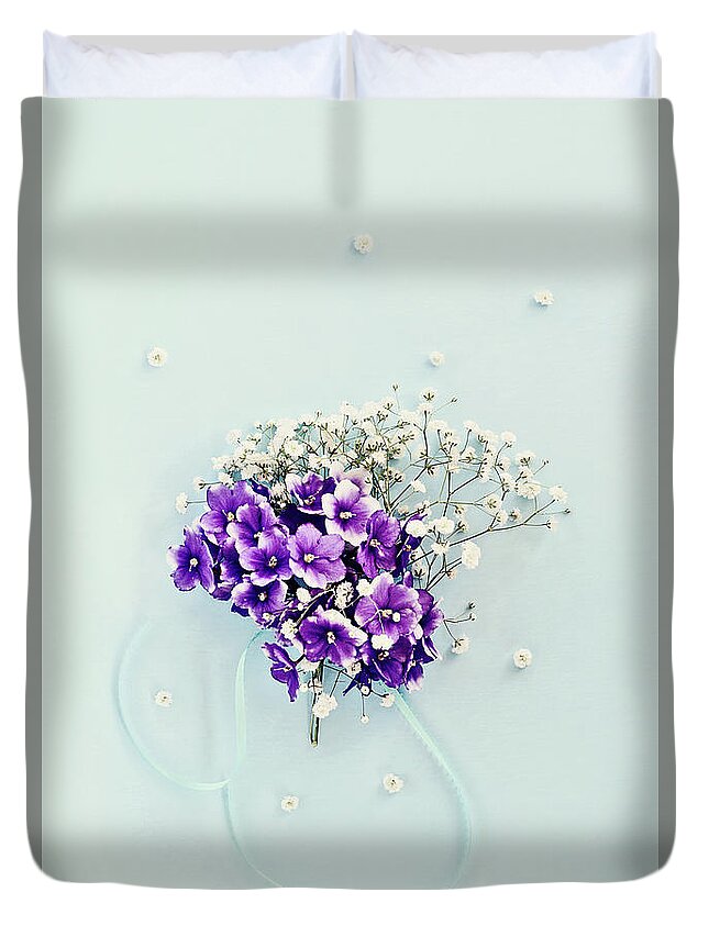 Still Life Duvet Cover featuring the photograph Baby's Breath and Violets Bouquet by Stephanie Frey