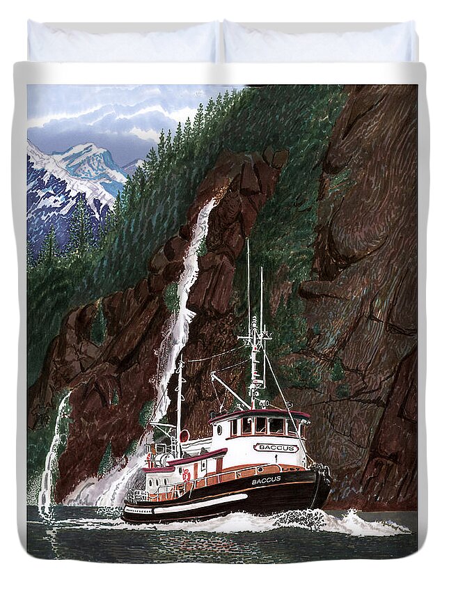 A 60 Foot Tugboat Converted To A Bunk & Breakfast Duvet Cover featuring the painting BACCUS Yacht Tug by Jack Pumphrey