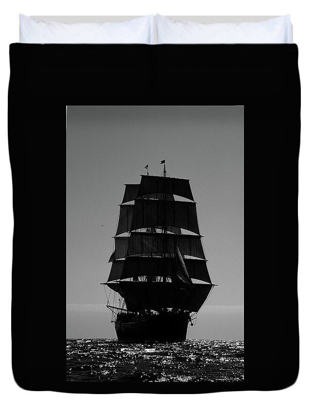 Black And White Duvet Cover featuring the photograph Back lit Tall Ship by David Shuler