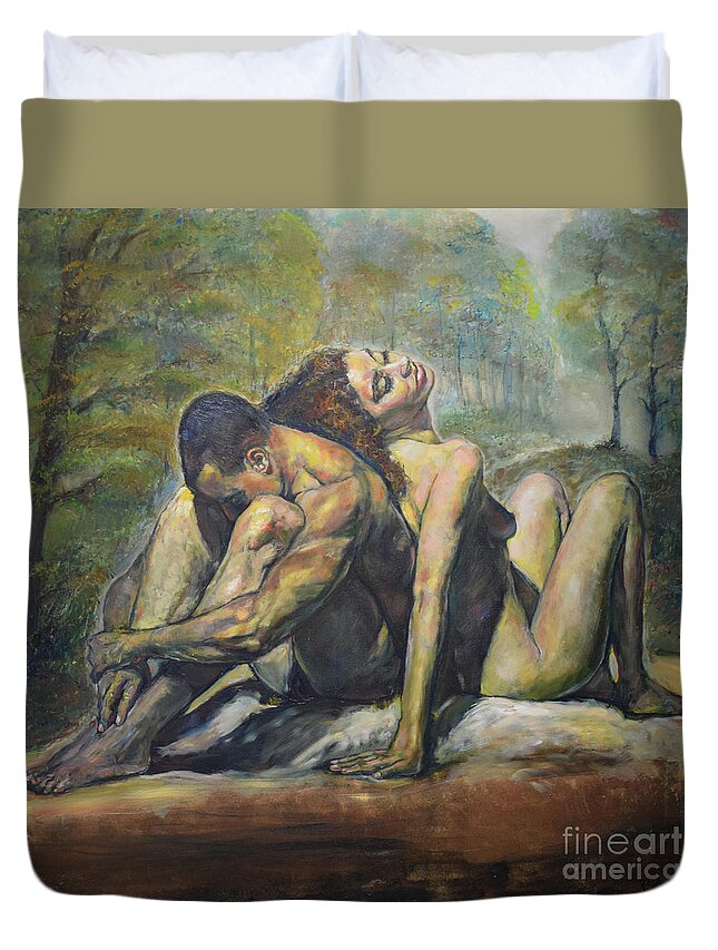 Nude In Art Duvet Cover featuring the painting Back to Back in the Forest by Raija Merila