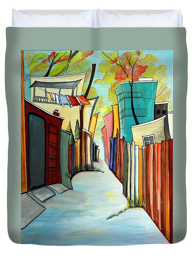 Abstract Duvet Cover featuring the painting Back Yards by Heather Lovat-Fraser